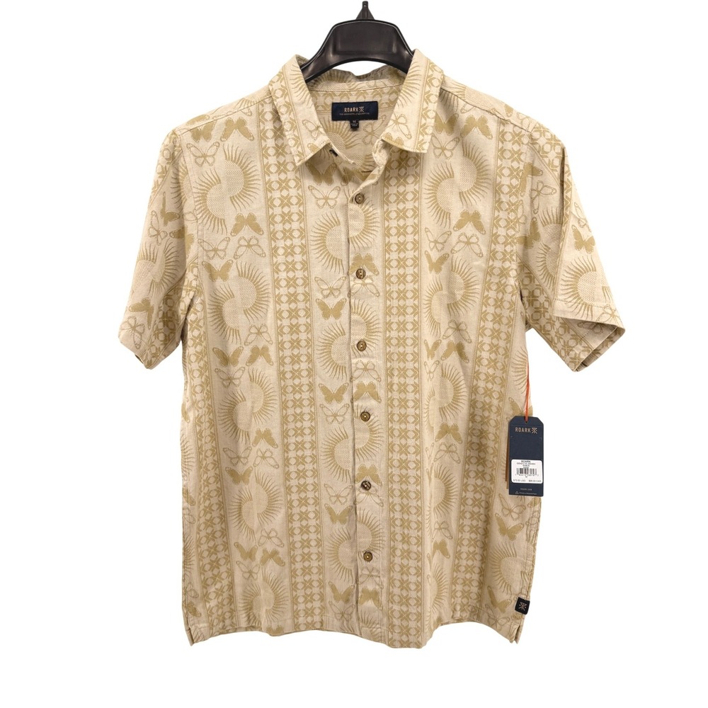 NEW Roark Gonzo Woven Mens Medium Shirt Tan Butterfly Sunburst Organic Cotton